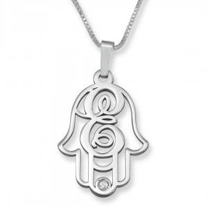 925 Sterling Silver Hamsa Necklace With Initial and Swarovski Birthstone Colares e Pingentes
