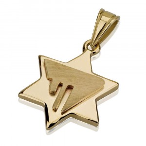Star of David Pendant with Chai Design in 14k Yellow Gold Joias Judaicas