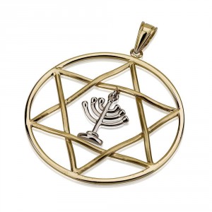 Star of David Disc Pendant with Menorah in 14k Two-Tone Gold Colares e Pingentes