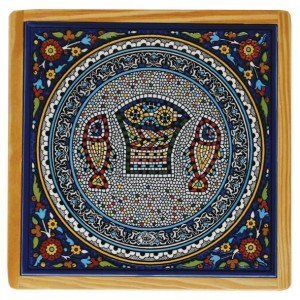 Armenian Wooden Trivet with Mosaic Fish & Bread Decoração do Lar