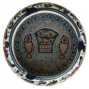 Armenian Ceramic Round Ashtray with Mosaic Fish & Bread cinzeiro