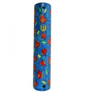 Hand painted Mezuzah with Small Pomegranates in Wood-Yair Emanuel Judaica
