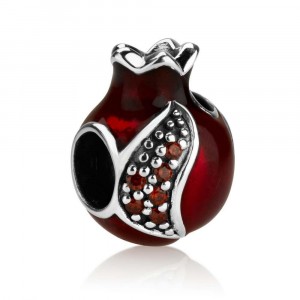 Pomegranate Charm in Sterling Silver with Red Enamel Joias Judaicas