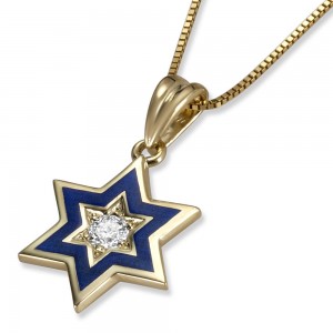 Star of David Pendant in 14k Yellow Gold & Blue Enamel with Center Round Diamond  Israeli Jewelry Designers