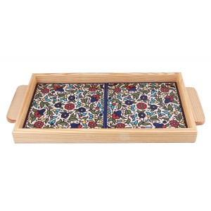 Armenian Ceramic Tray with Wooden Border and Floral Design Decoração do Lar