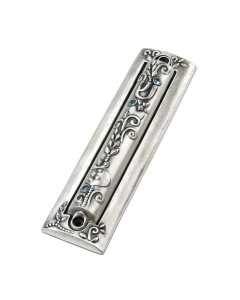Silver Mezuzah with Block Frame, Hebrew Letter Shin, Crystals & Floral Pattern Judaica
