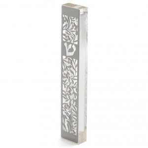 Stainless Steel and Plexiglas Mezuzah with Cutout Shin and Flowers Judaica
