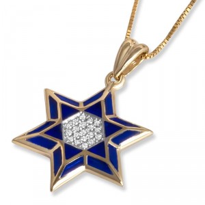 Gold Star of David Pendant with Diamonds and Blue Enamel Star of David Jewelry
