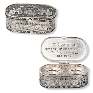 Nickel Shabbat Candlestick Set with Box, Jerusalem and Hebrew Blessing Shabat