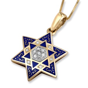 Anbinder Blue Enamel and 14K Gold Star of David Pendant with Diamonds Israeli Jewelry Designers