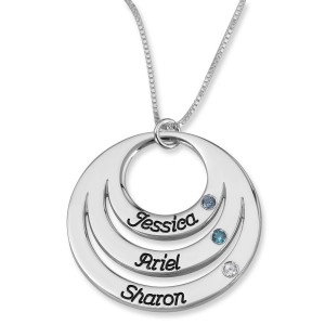 Sterling Silver Open Disk Name Necklace With Birthstones for Mom (Hebrew/English) Colares e Pingentes