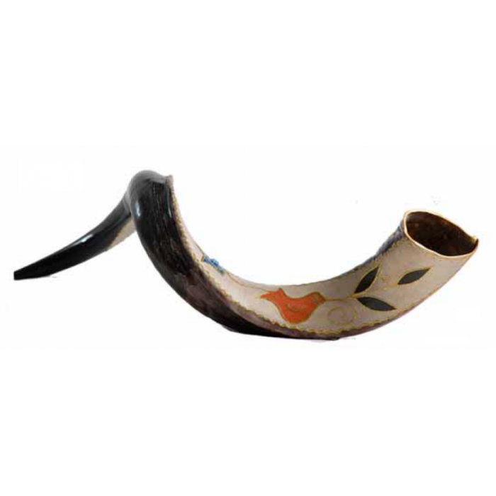 Yemenite Hand-Painted Half-Polished Horn Shofar with Dove by Barsheshet-Ribak