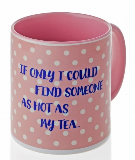 Pink Ceramic Coffee Mug with Blue English Text and Polka Dots design