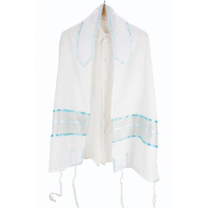 Tallit Set in White and Blue Striped Polyester