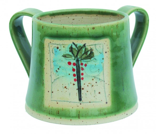 Green Ceramic Washing Cup with Palm Tree and White Interior