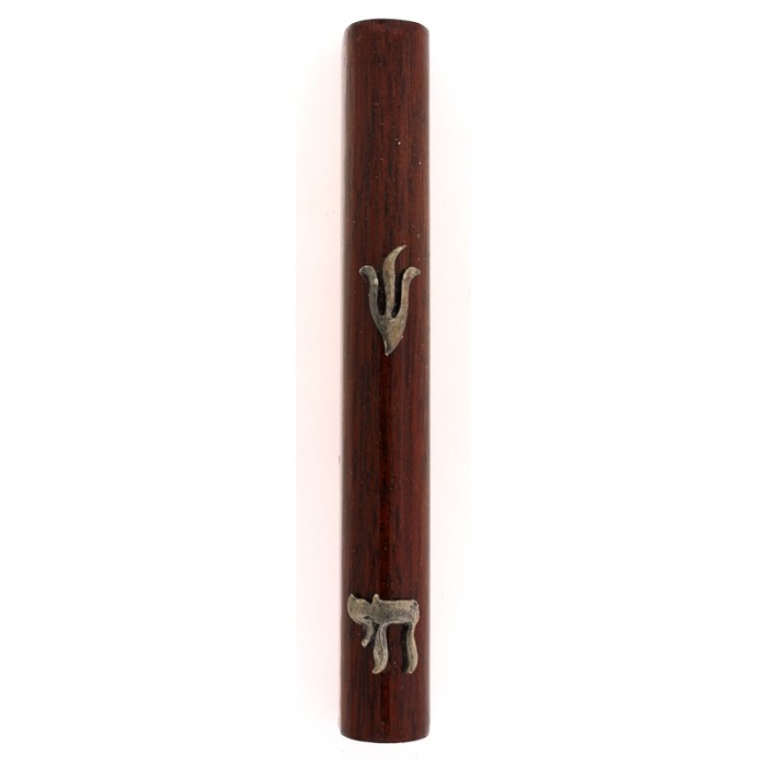 Brown Wood Mezuzah with ‘Chai’ and Hebrew Letter Shin in Pewter