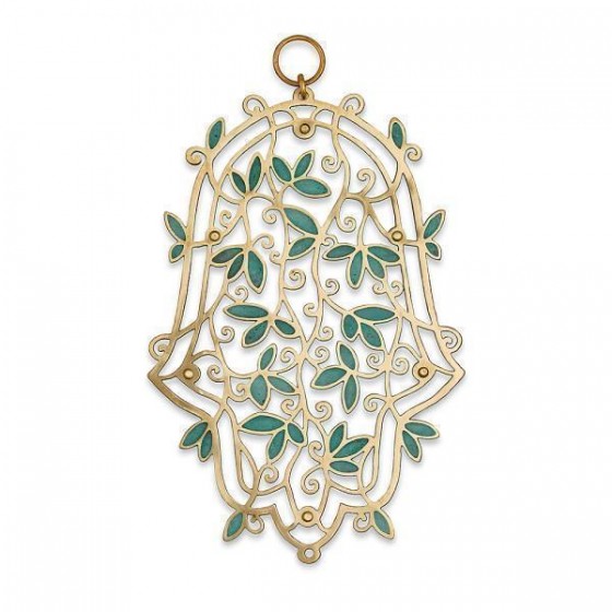 Brass Hamsa with Turquoise Leaves and Scrolling Lines