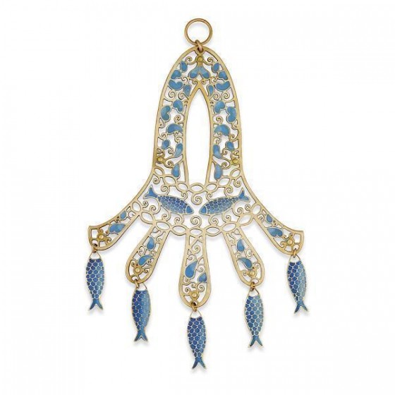 Brass Hamsa with Spread Fingers, Dark Blue Fish and Intricate Floral Pattern