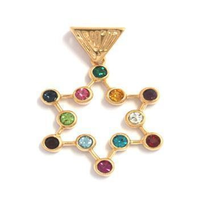 Gold Plated Star of David Pendant with Twelve Stones and Traditional Shape